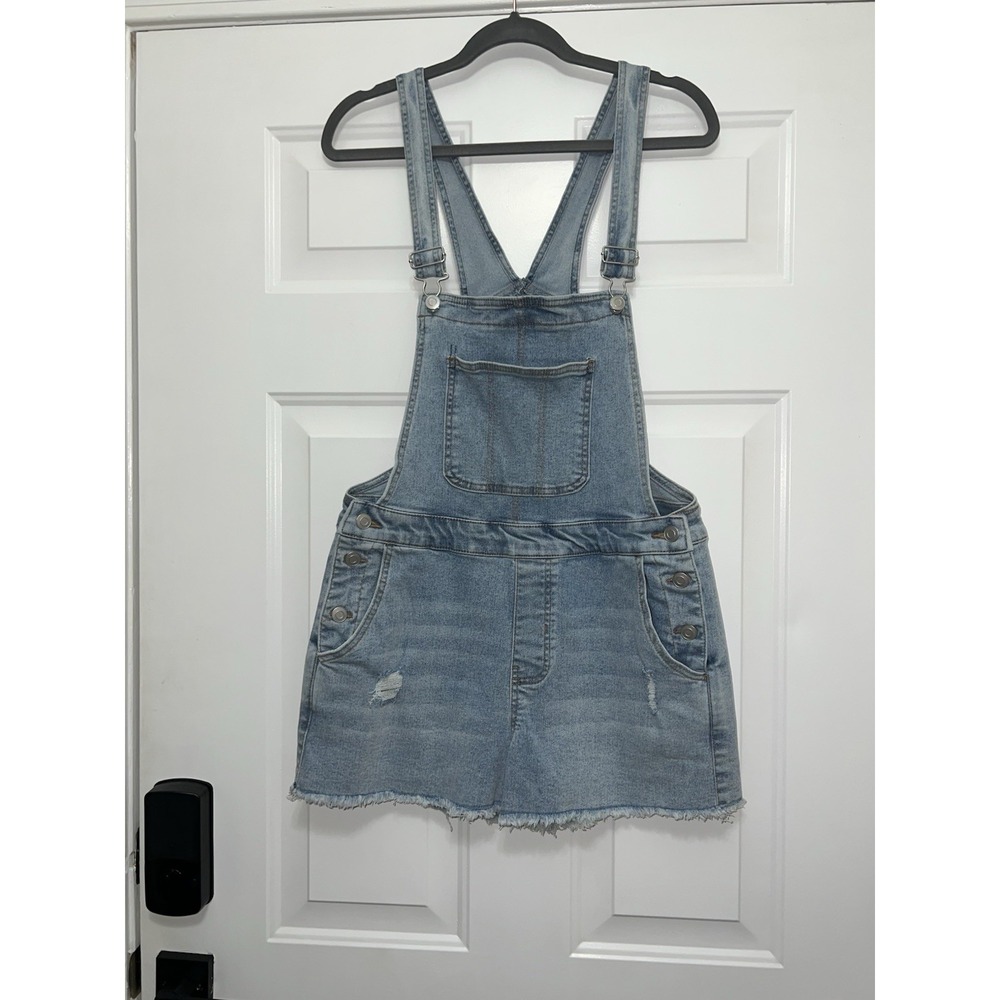 NoBo No Boundaries Blue Denim Overall Shorts Distressed Light Wash Size M 7-9